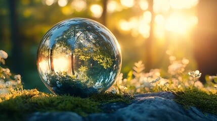 Glass globe in the in nature concept for environment and conservation : Generative AI