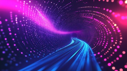 Poster - Abstract tunnel with blue light rays and pink dots.