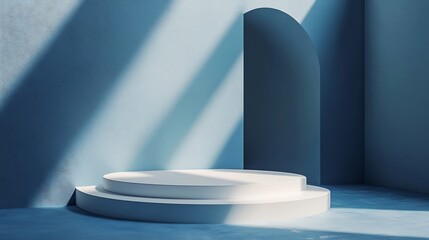 Leinwandbilder - Abstract empty white podium with geometric shadows on blue background Mock up stand for product presentation 3D Render Minimal concept Advertising template : Generative AI