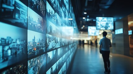 Aufkleber - Surveillance Camera CCTV Footage Multiple Screens Show Inside Building Unrecignizible People Walk HighTech Security Data Protection Mockup Screen Replacement Template for Computer Disp : Generative AI