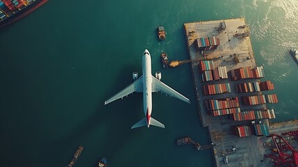 Poster - Aerial view and top view cargo plane flying above ship port in the export and import business and Smart logistics international goods Shipping cargo to harbor by crane : Generative AI