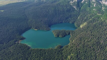 Wall Mural - aerial view of famous black lake in mountain durmitor park at summer, montenegro, 4k