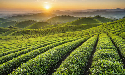 A beautiful sunrise over a tea plantation in the hills