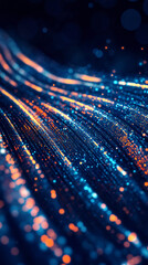Poster - Mesmerizing abstract blue and orange particles flow gracefully on a dark background, creating a vibrant wave of energy. Perfect for tech or science designs needing a burst of color and creativity