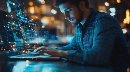 Poster - Thoughtful businessman programmer in casual wear typing on laptop at office workplace Concept of tech work business education internet surfing information technology Ai hologram : Generative AI