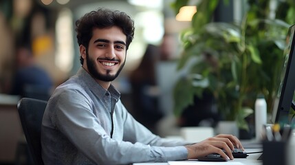 Canvas Print - Smiling young middle eastern businessman sitting at worktable at modern office typing on computer keyboard sending emails to his business partners working on marketing research copy sp : Generative AI