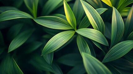 Leinwandbilder - Green tropical plant closeup Abstract natural floral background Selective focus macro Flowing lines of leaves : Generative AI