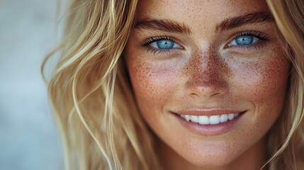 Wall Mural - Freckles blonde blueeyed woman perfect skin smiling : Generative AI