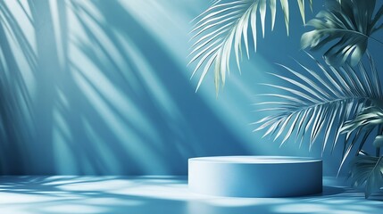 Aufkleber - Abstract blue background with shadow of palm leaves for the presentation of a cosmetic product A scene with a geometric backdrop Podium for product promotion beauty natural eco cosmeti : Generative AI