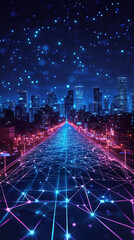 Poster - Futuristic cityscape at night with an abstract network connecting the buildings in blue and purple