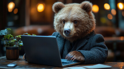 a bear wearing a suit sits at a table, working on a laptop.