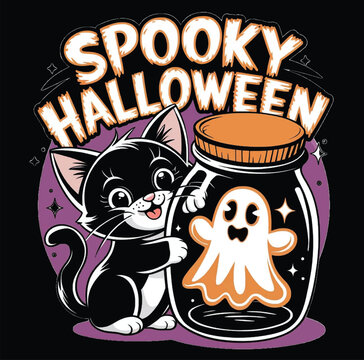 Cute Black Kitten & Ghost in Jar T-Shirt Design – Fun Halloween Theme