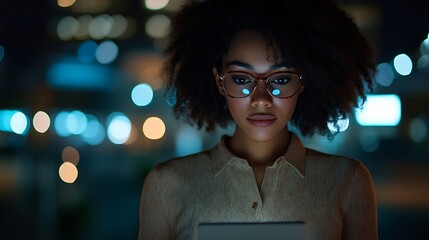 Fototapete - Tablet night reading business woman with glasses for social media marketing digital analytics or website review in office Manager entrepreneur or black woman check online international : Generative AI