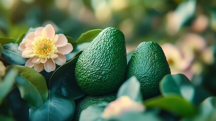 Poster - Vibrant green avocado close up ripe and fresh surrounded by flowers natural : Generative AI