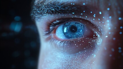 Poster - Scan hologram eyes and face of man of biometric data cybersecurity and futuristic technology Holographic portrait identity software and person with future or digital facial recognition : Generative AI