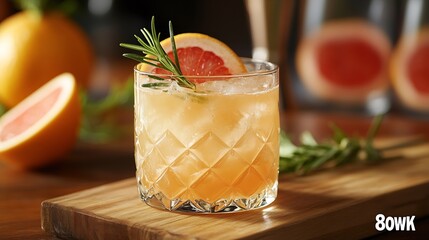Poster - Grapefruit cocktail with rosemary garnish in a glass served on a wooden cutting board Vibrant refreshing drink perfect for summer menu or cocktail recipes Greyhound lemonade paloma moc : Generative AI