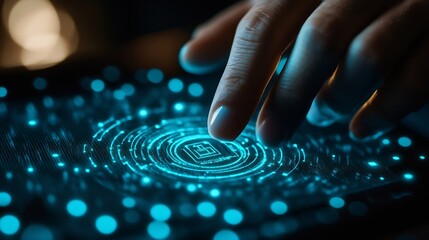 Poster - Cyber security network Data protection concept Businessman using digital tablet with biometric network security technology to access privacy data and management computer crime data enc : Generative AI