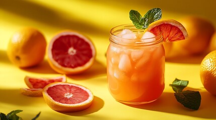 Poster - Freshly squeezed blood orange juice with ice mint and a slice of fruit in a jar on a yellow background with citrus fruits and shadow Healthy vitamin drink concept : Generative AI