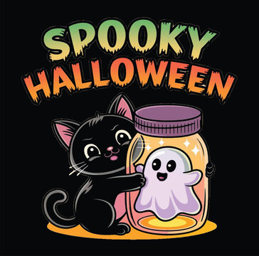 Cute Black Kitten & Ghost in Jar T-Shirt Design – Fun Halloween Theme