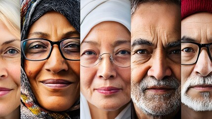 Diverse Faces Collage: A collage of faces from different ethnic backgrounds, ages, and genders. Each face expresses determination, hope, or defiance. 