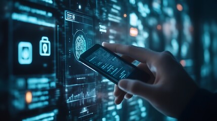Poster - Cyber security network Data protection Business man using mobile phone for digital banking with fingerprint biometric network security technology cloud computing data encryption cybers : Generative AI