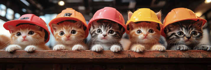 Sticker - Five adorable kittens wearing hard hats line up for a cute construction project.