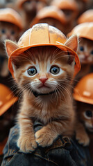 Poster - A cute ginger kitten wearing a hard hat looks up at the camera.