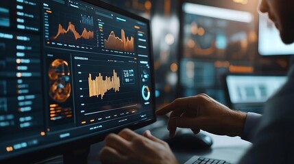 Fototapete - Businessmen use technology to manage data analysis dashboard report accounting financial and system information strategy growth platform business concept : Generative AI