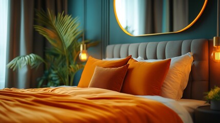 Poster - Stylish bedroom interior with large comfortable bed and mirror : Generative AI