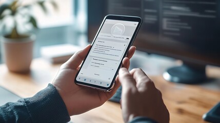 Leinwandbilder - Email app on smartphone screen with business person reading messages from inbox with wireless internet access on mobile phone communication technology : Generative AI