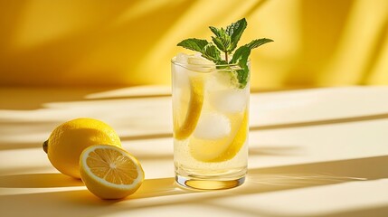 Aufkleber - A  cold lemonade in a glass with lemon mint and ice on a yellow and white background The concept of a refreshing and healthy drink on a summer day Copy space : Generative AI