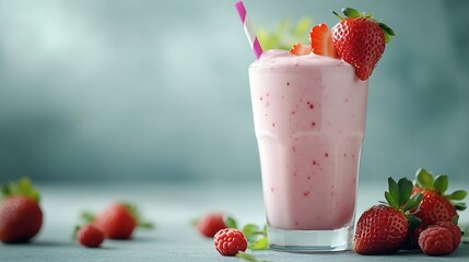 Poster - A glass of strawberry milkshake or smoothie with strawberries on a light background with fresh berries Healthy food and drink concept Copy space : Generative AI