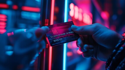 Poster - Cropped hands image in criminal anonymous male approaching credit card of personal information database for codding encryption scam program in privacy system at night at blue neon ligh : Generative AI