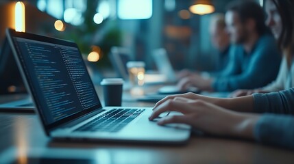 Leinwandbilder - Digital tablet meeting and business people with laptop in office for creative thinking or brainstorming Team collaboration and online planning search and discussion for email marketing : Generative AI
