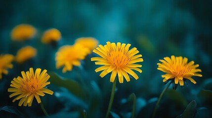 Poster - Floral summer spring background Yellow dandelion flowers closeup in a field on nature on a dark blue green background in evening at sunset Colorful artistic image free copy space : Generative AI