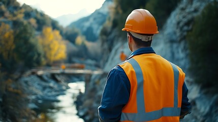 Leinwandbilder - Construction engineer working on a bridge construction site over a riverCivil engineer supervising workForeman inspects work at a construction site : Generative AI