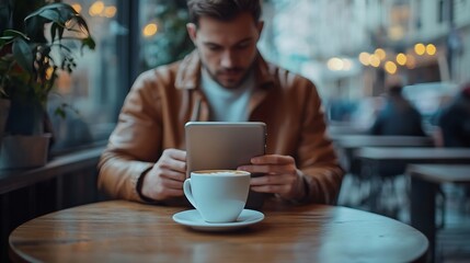 Aufkleber - Man Checking Emails Coffee Break Concept : Generative AI