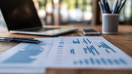 Aufkleber - business documents  with smart phone and laptop computer and graph financial with social network diagram : Generative AI