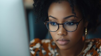 Canvas Print - Office computer and black woman with glasses serious or reading email online research or report Laptop concentration and African journalist proofreading article for digital news websit : Generative AI