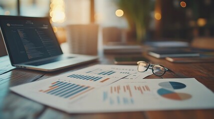 Aufkleber - business documents  with smart phone and laptop computer and graph financial with social network diagram : Generative AI