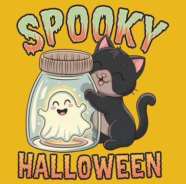Cute Black Kitten & Ghost in Jar T-Shirt Design – Fun Halloween Theme