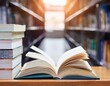 © Jeri - Book in library with old open textbook, stack piles of literature text archive on reading desk, and aisle of bookshelves in school study class room background for academic education learning concept