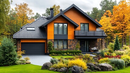 Aufkleber - Cozy family house with garden and garage outdoors : Generative AI