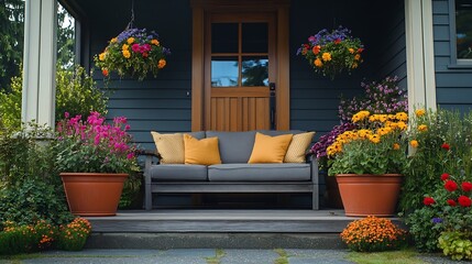 Aufkleber - Cozy entrance porch with flower pots and seating arrangement Northwest USA : Generative AI