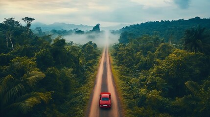Poster - Adventure morning road trip in the forest aerial view of a car on deep jungle road On The Road Again concept : Generative AI