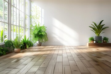 Canvas Print - Indoor plants on wooden floor with white wall background