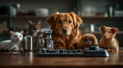 Poster - A group of pets, including a cat, a dog, and two puppies, sit on a wooden table.