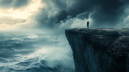 A lone figure stands on a cliff overlooking a stormy sea, the dramatic sky casting ominous shadows.