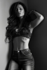 Wall Mural - Black and white portrait of a confident woman in a crop top and jeans with long flowing hair