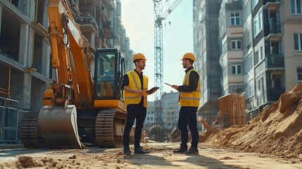 Fototapete - Construction Site With Excavators on Sunny Day Diverse Team Of Male And Female Real Estate Developers Discussing Project Engineer Architect Investor Talking About Apartment Building Us : Generative AI